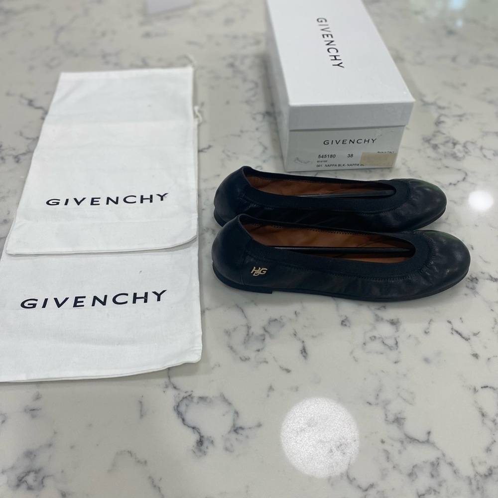 Givenchy Black Leather Ballet Flats with Gold Logo